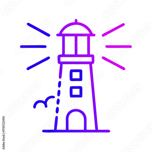 Outline of a colorful lighthouse with beams and a seagull  