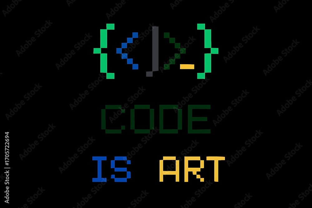 Obraz premium Minimalist Pixel Art Design Code Is Art Symbol on Black Background.