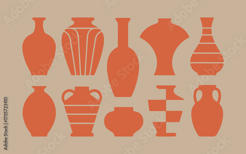 Collection of terracotta ceramic vases and pottery in various shapes and sizes