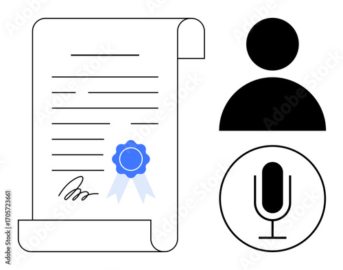 Certificate with blue seal, profile icon, and microphone. Ideal for certification, authentication, identity verification, education, security, technology simple landing page
