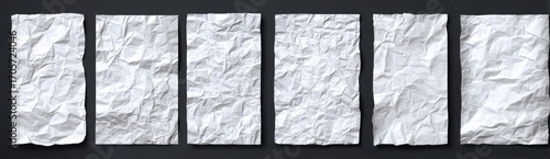 Six crumpled white papers, arranged vertically against a dark gray backdrop, show varying textures and lighting creating shadows and highlights