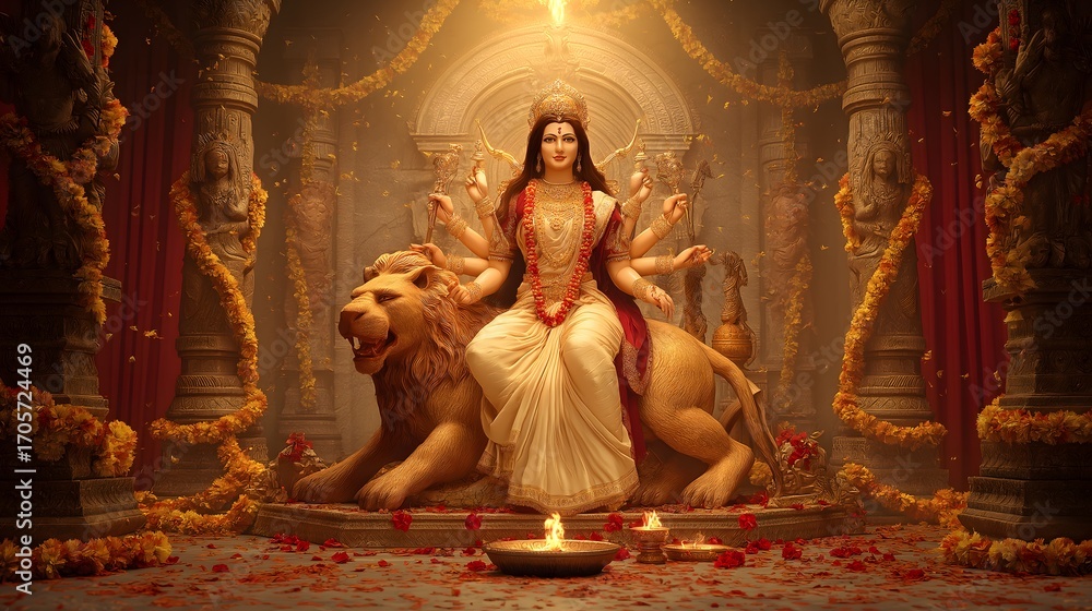 Fototapeta premium Goddess Durga Ammavaru on lion with weapons – Vijayadashami Navratri Dussehra