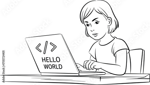 Focused girl coding on laptop, programming beginner typing hello world, young coder learning computer programming, child writing code on computer, technology education for kids