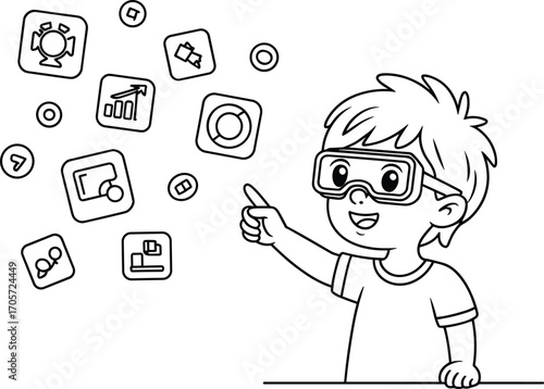 Excited boy wearing virtual reality goggles, interacting with floating digital icons, kid exploring technology, augmented reality experience for children, futuristic learning and fun