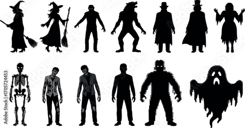 Halloween monsters silhouettes set. Witch, zombie, Dracula vampire and werewolf. Skeleton, mummy, ghost and Frankenstein monster.