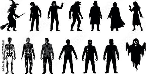 Halloween monsters silhouettes set. Witch, zombie, Dracula vampire and werewolf. Skeleton, mummy, ghost and Frankenstein monster.