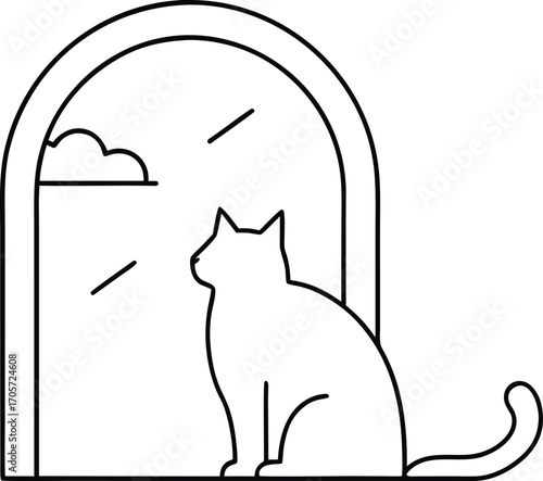 A minimalist line art illustration of a cat sitting by an arched window, looking outside, isolated on white background