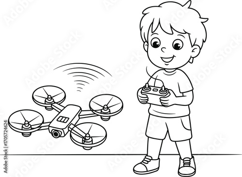 Happy boy flying remote control drone, kid playing with quadcopter, child enjoying outdoor drone toy, young boy operating drone controller, fun technology activity for kids