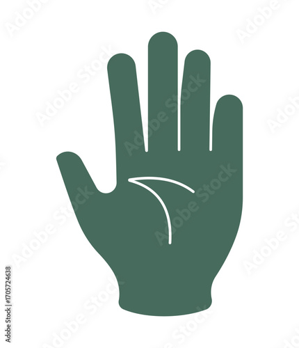Modern minimalist hand illustration showing a halt or high five gesture. A clean green symbol for communication, support, and teamwork.