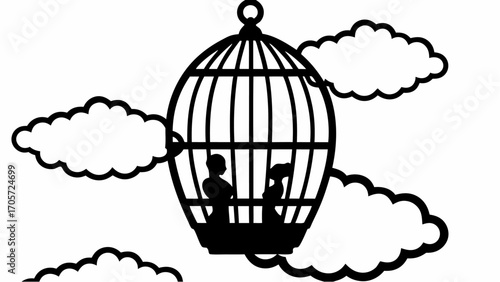 Silhouette of two people inside a birdcage surrounded by clouds in a monochrome vector illustration