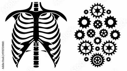 Illustration showing a ribcage with spine and a cluster of gears in black on a white background view silhouette