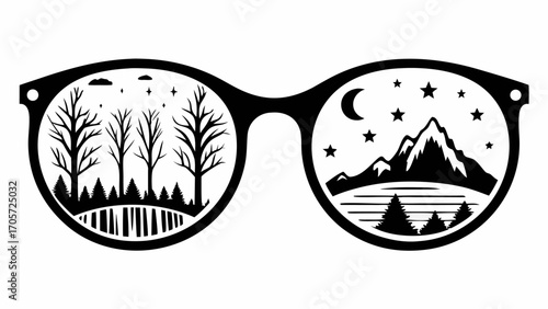 Black framed glasses with a forest scene and a mountain range under a starry night sky inside the lenses silhouette
