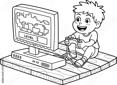 Happy boy playing video game at home, child holding controller, retro console setup, fun indoor activity, kids gaming time, black and white