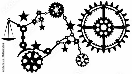 Illustration of a libra scale connected to gears and stars forming a constellation like mechanical design silhouette