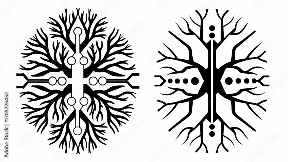 Fototapeta premium Two black and white abstract designs resembling trees connected by central circuit like structures silhouette