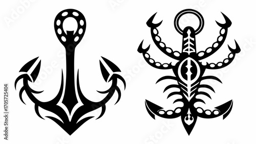 Two stylized black and white vector images of anchors one normal and one scorpion inspired design silhouette