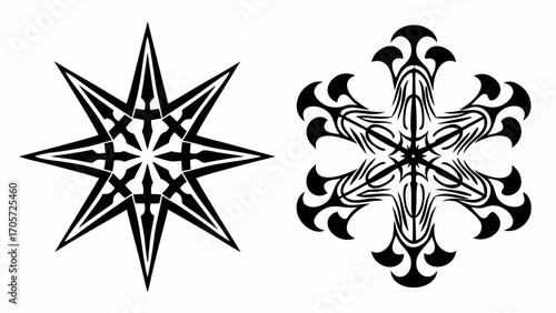 Two intricate black and white designs featuring symmetrical star like patterns on a white background silhouette