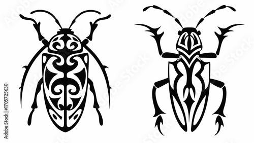 Two stylized black and white beetle illustrations with tribal patterns and detailed antennae design art silhouette