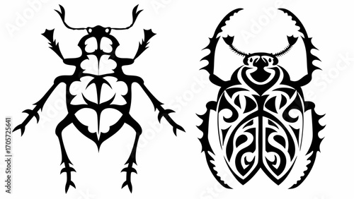 Two stylized black beetle illustrations with intricate tribal tattoo designs on a white background silhouette