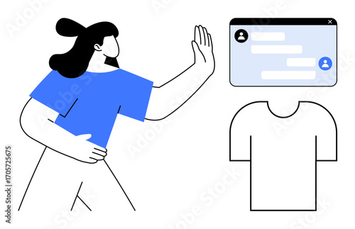 Woman extending her hand in rejection toward a chat window with dialogue boxes and an empty profile avatar. Ideal for privacy, digital communication, boundaries, social media, interaction, self-care