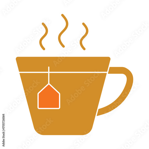 Modern flat icon of a steaming cup of tea with a teabag. A simple hot beverage symbol for cafe, breakfast, and relaxation concepts.