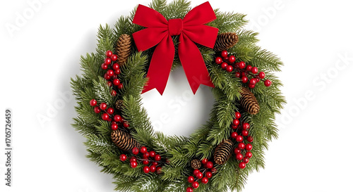 Festive Green Christmas Wreath with Red Bow and Pine Cones