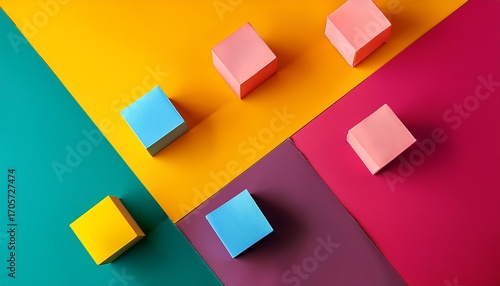 Abstract Minimal Background With Cubes And Triangles In Bright Colors