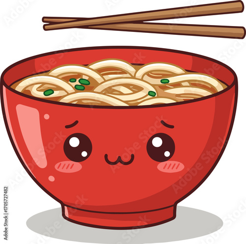 Kawaii Style Red Bowl Udon Noodle Japanese Food Illustration