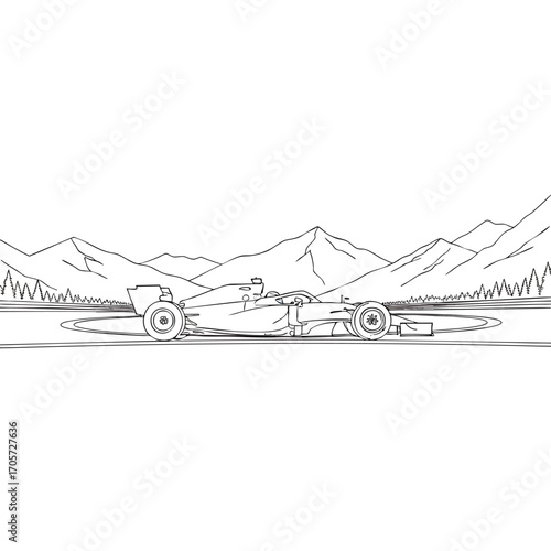 A black and white line art illustration of a modern openwheel race car on a circuit with a mountain backdrop.