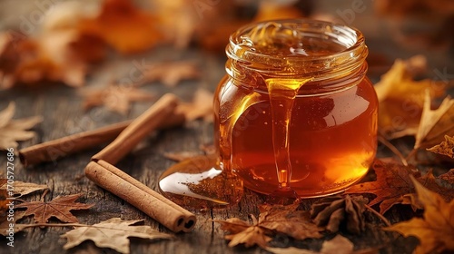 A glass jar of rich, golden honey glowing in the sunlight, surrounded by a bed of crisp autumn leaves. A sweet and warm still life representing natural, organic food and the flavors of the harvest sea