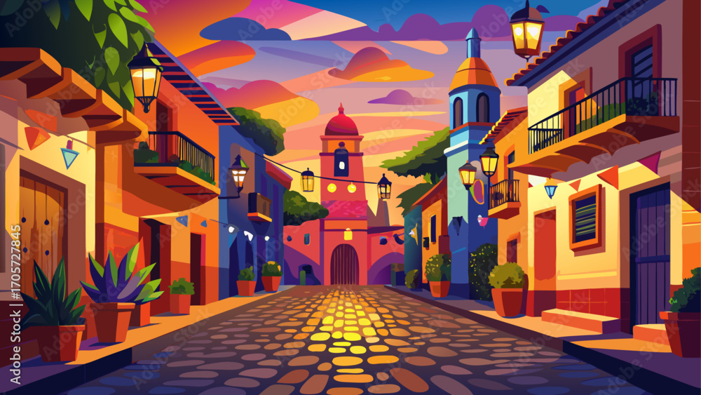 Fototapeta premium In San Miguel de Allende, Mexico, vibrant colonial architecture glows in soft evening light, cobbled streets echoing with music under colorful papel picado banners.