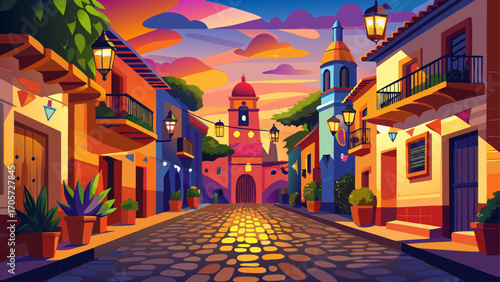 In San Miguel de Allende, Mexico, vibrant colonial architecture glows in soft evening light, cobbled streets echoing with music under colorful papel picado banners.