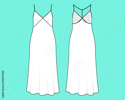 Women's Sleeveless Long Nightwear Slip Dress Front and Back Views Technical Drawing Fashion Flat Sketch Vector Illustration Template.
