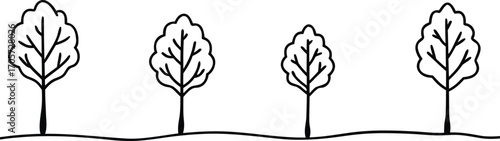 A minimalist line art illustration of four stylized trees in a row on a gentle slope, isolated on white background