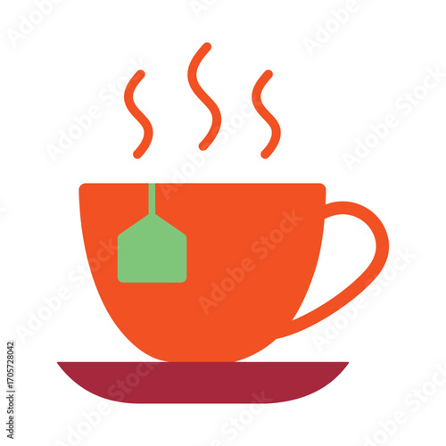 Colorful flat design teacup icon with a teabag on a saucer. A simple hot beverage symbol for cafe, breakfast, and relaxation concepts.