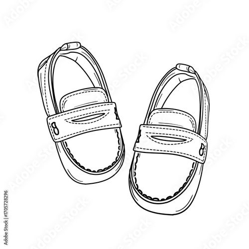 A pair of baby loafer shoes depicted in a detailed line art style, showcasing the design and features of the footwear.