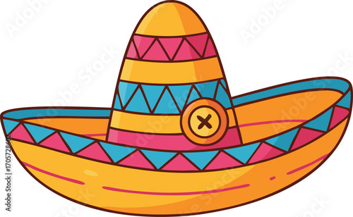 Traditional Mexican Sombrero Hat Illustration with Bright Patterns, Colorful Geometric Motifs, and Fiesta Headwear for Festival Celebration, Cultural Design, and Party Decor