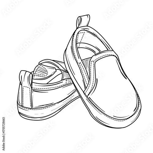A detailed line art illustration of a pair of baby shoes slip on model, showcasing their soft texture and simple design, perfect for childrens fashion or nursery themes.