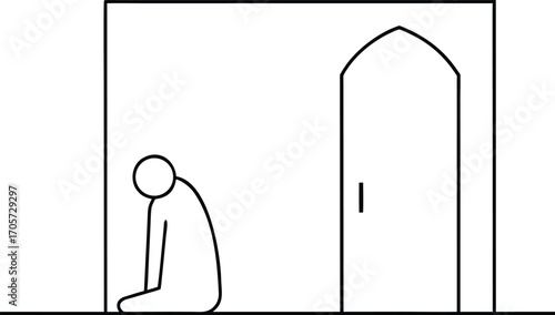 A simple line drawing of a person praying inside a room with an arched doorway, isolated on white background