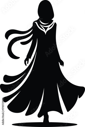 Black Silhouette of Muslim Woman in Traditional Dress vector illustration on a white background 
