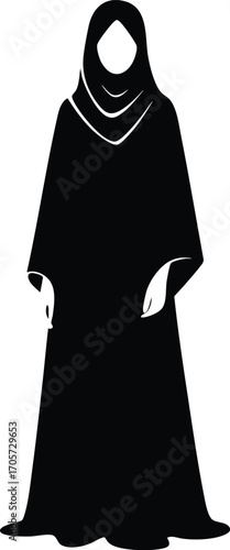 Black Silhouette of Muslim Woman in Traditional Dress vector illustration on a white background 