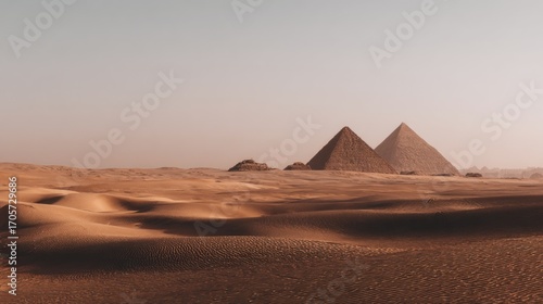 Arid desert landscape, ancient stone pyramids loom in distant horizon beneath a pale sky, rippled sand dunes covering the ground