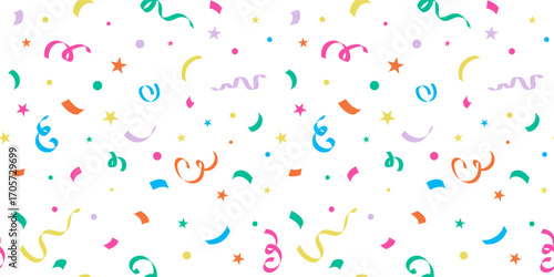 Birthday party confetti with streamers seamless Pattern. Serpentine dots stars festive Background. Playful celebration print. Wallpaper, packaging, banner, textile, stationery template