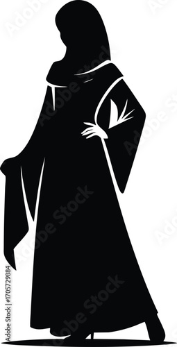Black Silhouette of Muslim Woman in Traditional Dress vector illustration on a white background 