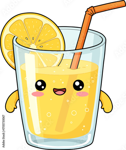 Cute Cartoon Style Smiling Orange Juice Character Glass Illustration