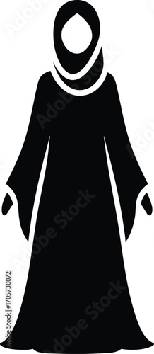 Black Silhouette of Muslim Woman in Traditional Dress vector illustration on a white background 