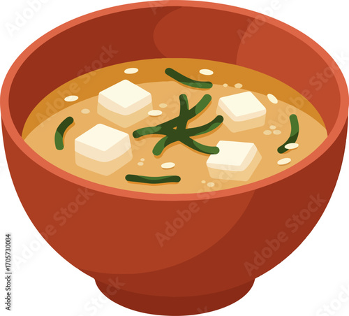 Flat Style Delicious Miso Soup with Tofu and Seaweed Illustration