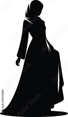 Black Silhouette of Muslim Woman in Traditional Dress vector illustration on a white background 