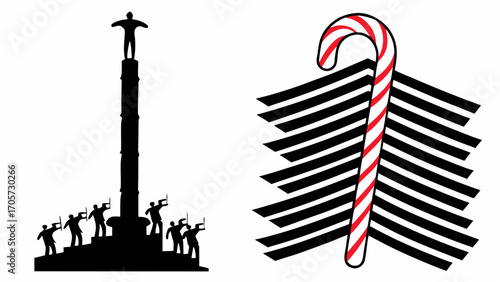 Silhouette of monument with people and candy cane with black stripes on a white background design art