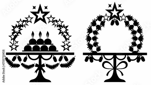 Two cake stands decorated with stars and floral archways in black and white silhouette illustration